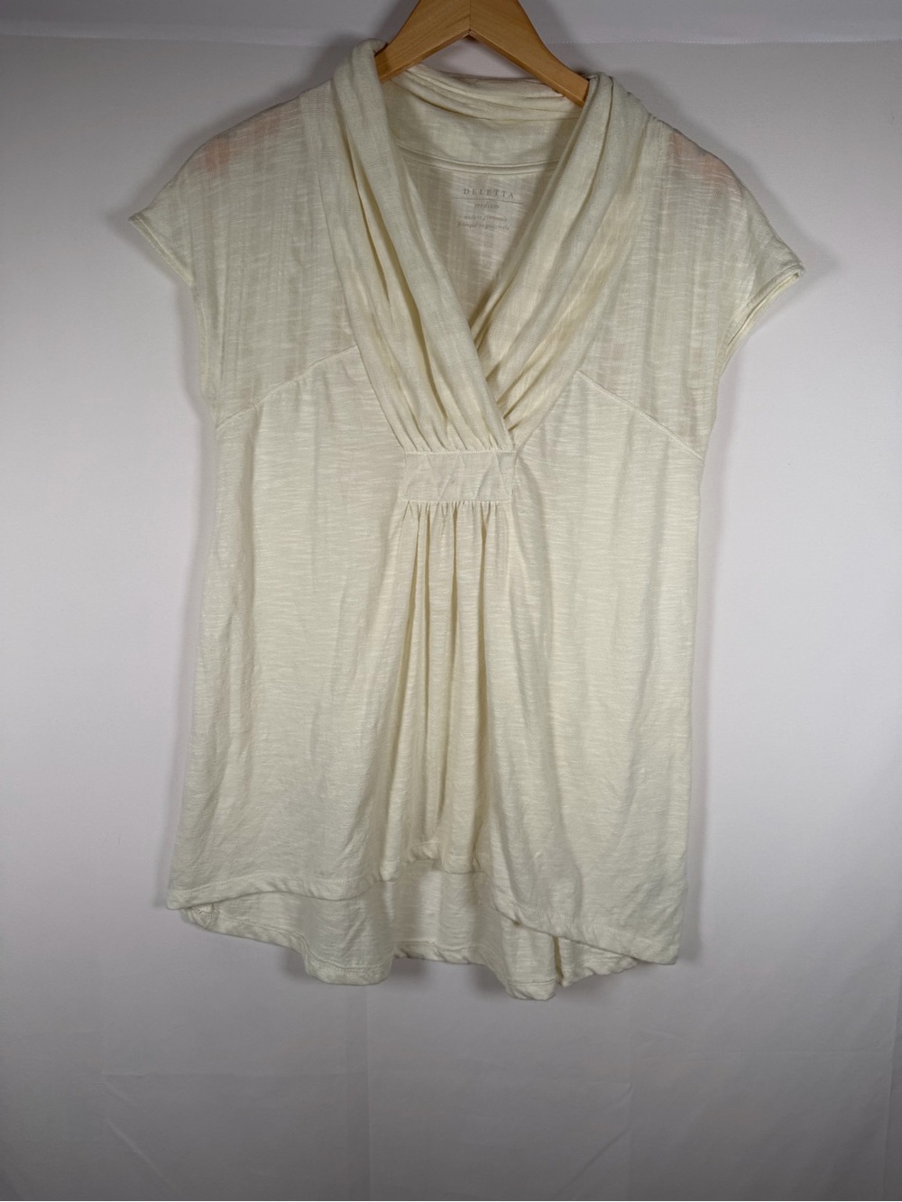 Deletta Cream‎ Draped V-Neck Short Sleeve Top